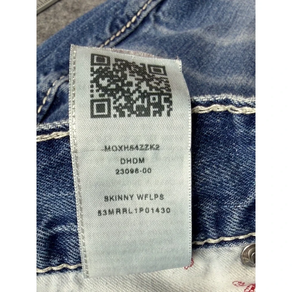 True Religion Skinny Leg Jeans Mens 42 Blue Whiskering Denim Thick Stitch Y2K